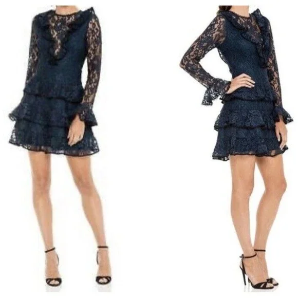 Alexis Tracie Long Sleeve Tiered Ruffled Lace Mini Dress In Navy Size S